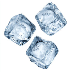 Obraz premium Three clear ice cubes with bubbles on white background