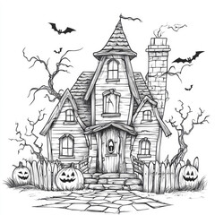 Spooky haunted house with bats and pumpkins on white background