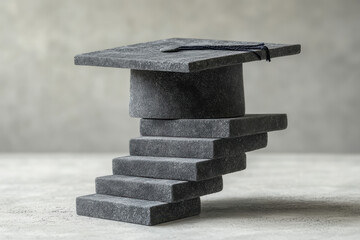 Stack of black granite blocks under a bright sun, casting strong shadows on the ground, highlighting the contrast between light and dark in a minimalist urban landscape.