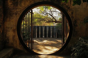 Round gate leading to a series of similar gates in a serene outdoor environment