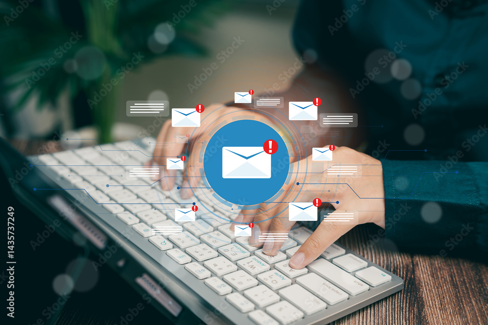 Poster hands typing on keyboard with email notifications and alerts, business concept.