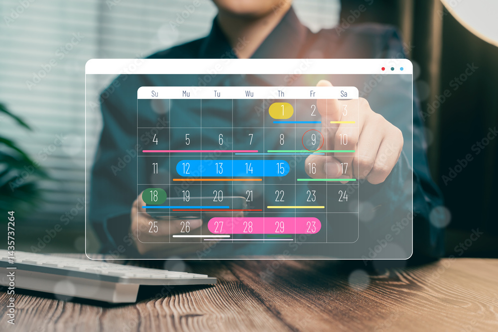 Poster digital calendar interface with colorful days and week overview, business concept.