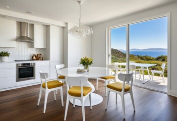 Fototapeta premium There is a white table in the kitchen with yellow chairs on top