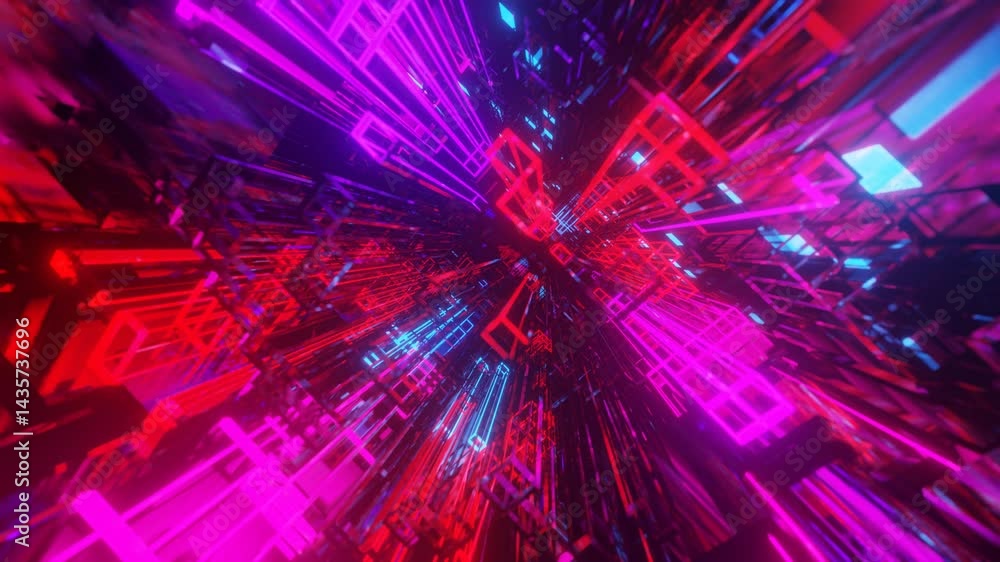 Aufkleber hi-tech neon sci-fi tunel. trendy neon glow lines form pattern and construction in mirror tunnel. fl