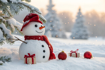 Obraz premium Festive Snowman with Gifts and Decorations