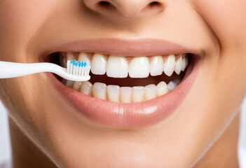 Fototapeta premium Smiling woman with white teeth with toothbrush