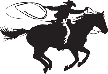 A vector silhouette of a wild west cowboy riding a running galloping horse holding onto reins and lasso