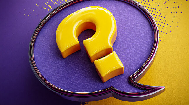 Yellow question mark in purple speech bubble on yellow and purple textured background, symbolizing inquiry, questions, and FAQs - Powered by Adobe