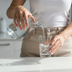 Woman is pouring pure fresh water into glass from jug