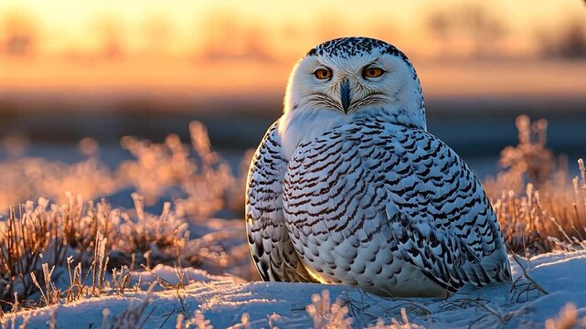 Snowy Owl at Sunrise in Snowy Landscape.