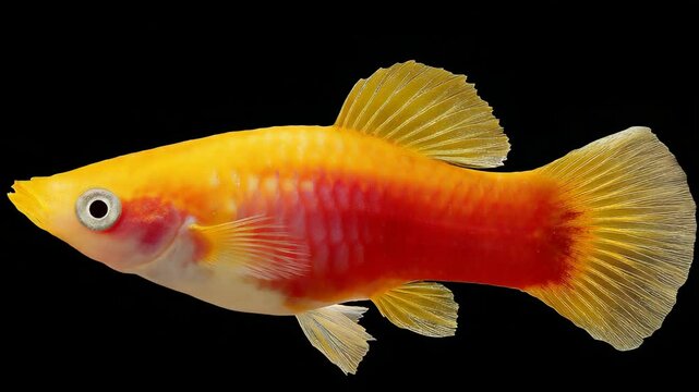 Isolated swordtail fish displaying bright orange, yellow, and red coloration against a stark black backdrop in a studio setting.