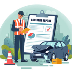 Inspector making report on accident, car, road, city, vector