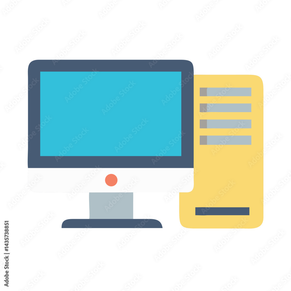 Poster flat illustration of a computer monitor and cpu case