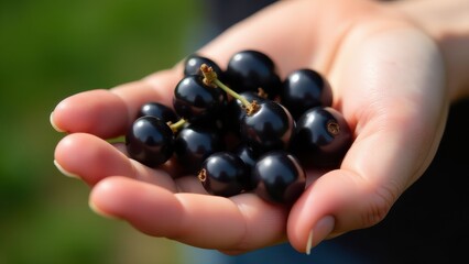 A hand gently holds a cluster of ripe blackcurrants against a blurred green background, highlighting their glossy texture and deep color