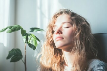 Naklejka premium Serene Young Woman Relaxing in Sunlight by Window