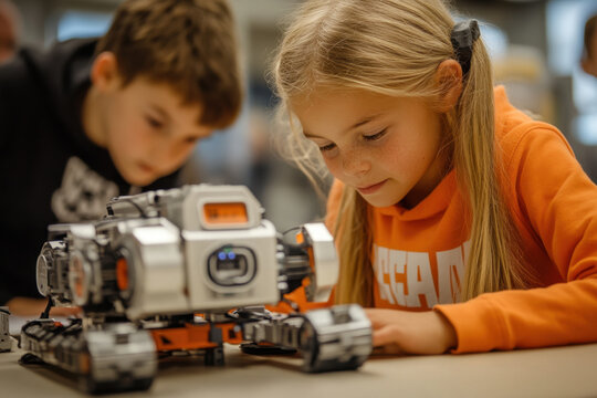 Young girl and boy captivated by a robot in a bustling science fair.