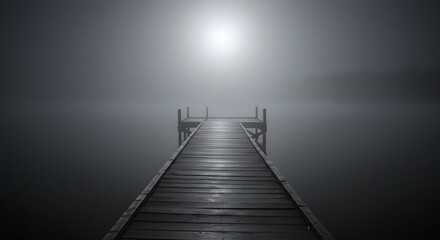 Obraz premium Wooden Pier Stretching into Foggy Lake Water in Tranquil Scene