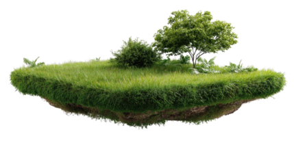 Floating Island: An enchanting floating island with lush green grass, a vibrant green tree, and a touch of earthy brown soil, offers a surreal view of a dreamlike landscape.