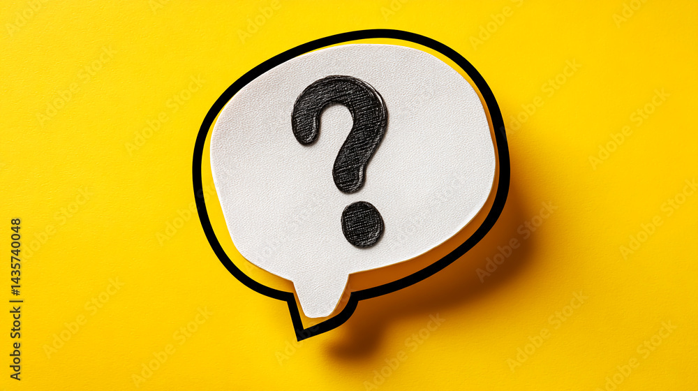 Poster white speech bubble with black question mark on yellow background, symbolizing inquiry, question, fa