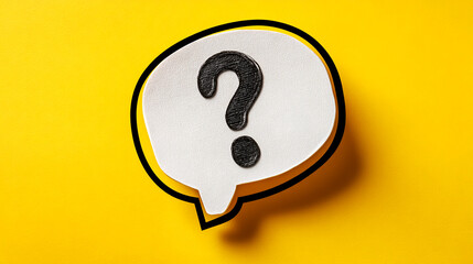 White speech bubble with black question mark on yellow background, symbolizing inquiry, question, FAQ concept. Free space for text