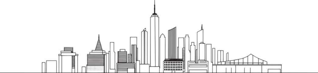 City landscape. Line urban backdrop. Skyline with clouds, different buildings on street, doodle street draw, outline cityscape hand sketch, flat houses. Hand drawn vector illustration