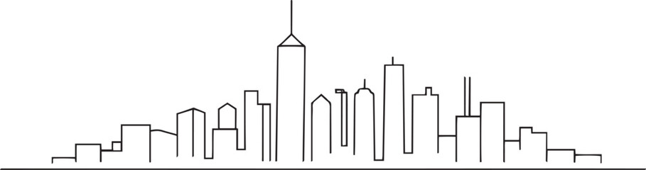 City landscape. Line urban backdrop. Skyline with clouds, different buildings on street, doodle street draw, outline cityscape hand sketch, flat houses. Hand drawn vector illustration