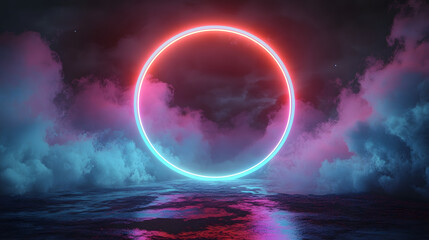 In this 3D render, a dark night sky is the backdrop for an abstract cloud illuminated by a neon light ring and a glowing geometric shape framed within a round border