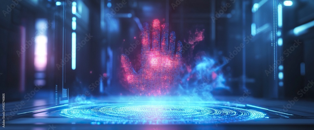 Poster one-third engines finger scan on virtual screen, biometric security concept with digital hologram an