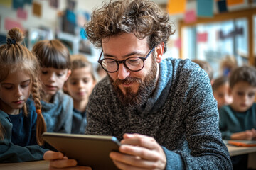 Man with glasses and beard using tablet in a busy cafe.