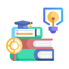 Conceptual illustration of books, graduation cap, bulb, and medal