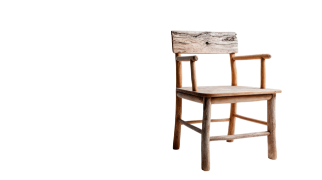 Wooden Chair's Rustic Elegance: A detailed shot of a weathered wooden chair with armrests, exhibiting the charm of natural materials and simplistic design.