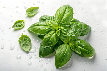 Obraz premium Fresh Basil Leaves on White Surface