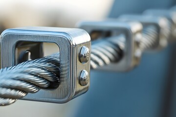 Close-up of stainless steel wire ropes and clamps for industrial applications
