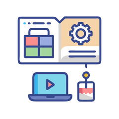 Education technology icon featuring open book laptop and laboratory