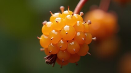 Bright yellow-orange clustered berries with glossy surfaces on a stem, set against a blurred green background