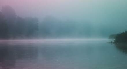 Fototapeta premium Fog Rolling Over Still Water at Sunrise with Trees Silhouette