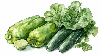Fototapeta premium Watercolor painting featuring an assortment of fresh green vegetables