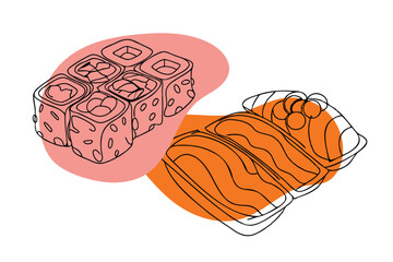Continuous one line drawing of Sushi and Sashimi, Japanese Food, vector 