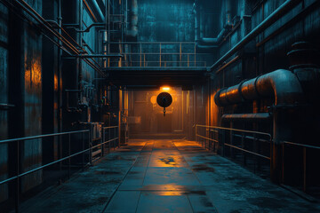 Dark industrial building with numerous pipes, creating a complex maze-like structure against a stark sky backdrop.