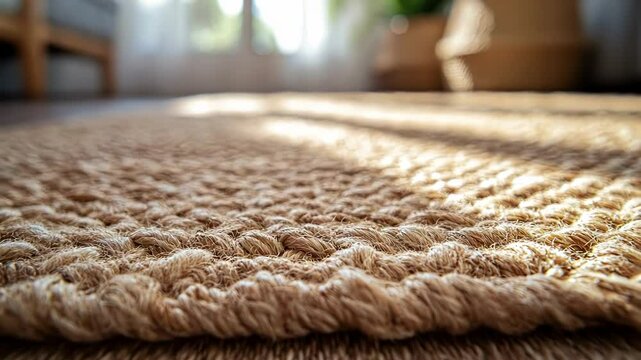 Close-up of a neutral, woven jute rug on a wood floor, illuminated by sunlight.