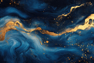 Blue and gold abstract painting with swirling patterns, creating a sense of movement and depth. Vibrant colors blend harmoniously, evoking a feeling of tranquility and introspection.