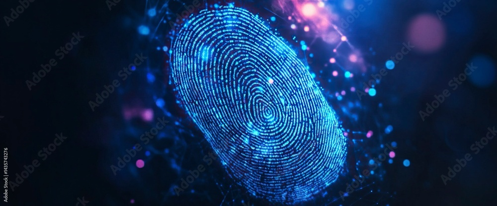 Poster one-third engines finger scan on virtual screen, biometric security concept with digital hologram an