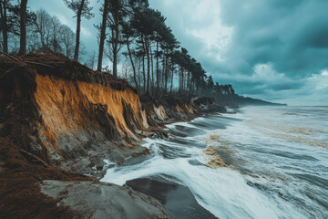 Waves crashing on sandy beach, under clear blue sky, with seagulls flying overhead.