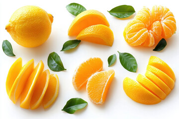 Oranges and leaves on a white surface, casting soft shadows with natural light.