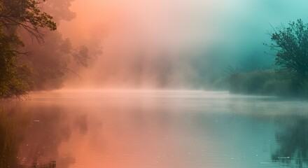Mist Rising Over Still Lake Water in Forest at Dawn