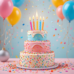 birthday cake with candles and balloons