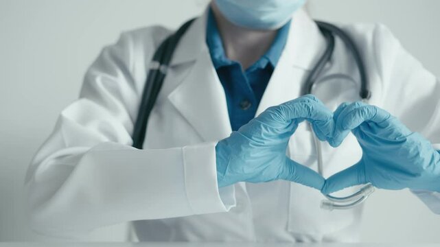 A healthcare professional in a lab coat and gloves forms a heart shape with their hands, symbolizing the compassion and dedication they offer in patient care during challenging times