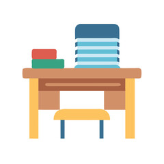 Stylized illustration of desk with books, stool on black