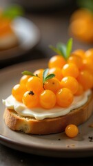 Golden berries elegantly arranged on a slice of bread with creamy topping, garnished with green leaves, creating a vibrant and appetizing presentation