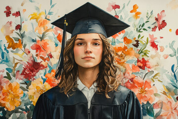 Woman in graduation cap and gown, smiling brightly with a diploma in hand, surrounded by cheering friends and family at a graduation ceremony.